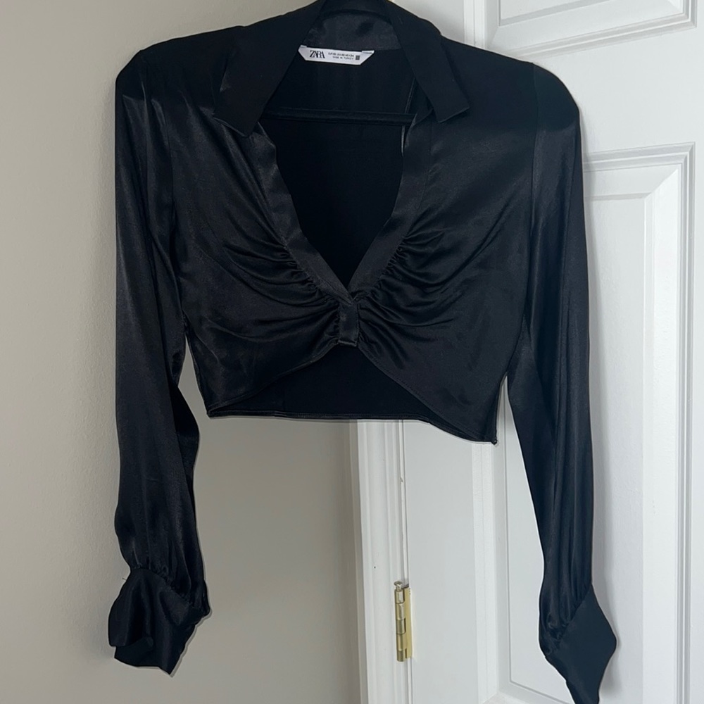 Zara cropped black silk blouse